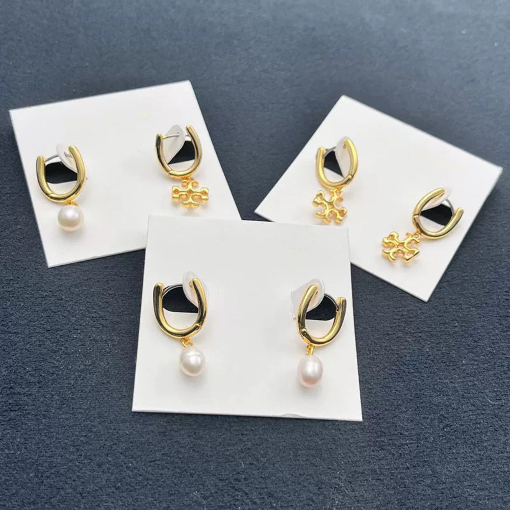 Tory Burch Gold Plated Copper Natural Freshwater Pearl Letter Earrings